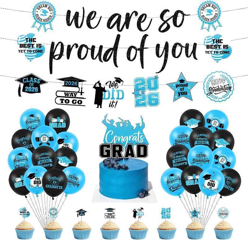 lot 66495 image: We Are So Proud of You 2026 Graduation Decorations Set Light Blue Congrats Grad Decor Set with Banner Cake Cupcake Toppers Balloons for Graduation Party Supplies High School & College Celebrations