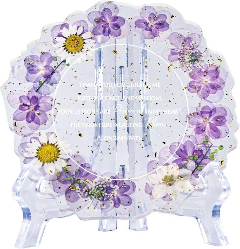 lot 66535 image: Teacher Appreciation Gifts for Women Resin Floral Keepsake Plate Decor with Pressed Real Flowers (Purple & White)  Unique Thank You Gift for Teachers
