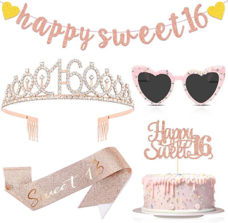 lot 66539 image: JaGely 5 Pcs Rose Gold Sweet 16 Birthday Decorations Include Sweet 16 Crown Tiara and Sash, Heart Sunglasses, Glitter Happy Banner and Cake Topper for 16th Birthday Party Accessories Supplies