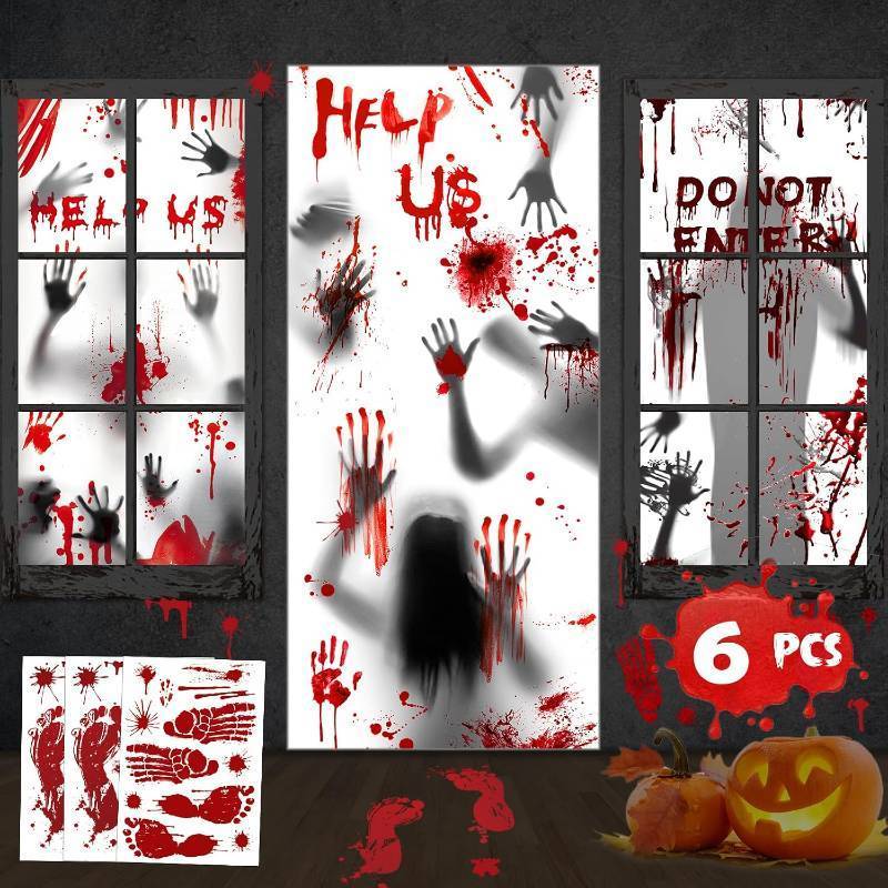 lot 69217 image: halloween door cover Halloween Giant Bloody Handprint Decorations, 3 PCS Halloween Door Cover Window Poster with 3 Window Clings, Halloween Props Poster Scary Zombie Creepy for Haunted House Decor Hal