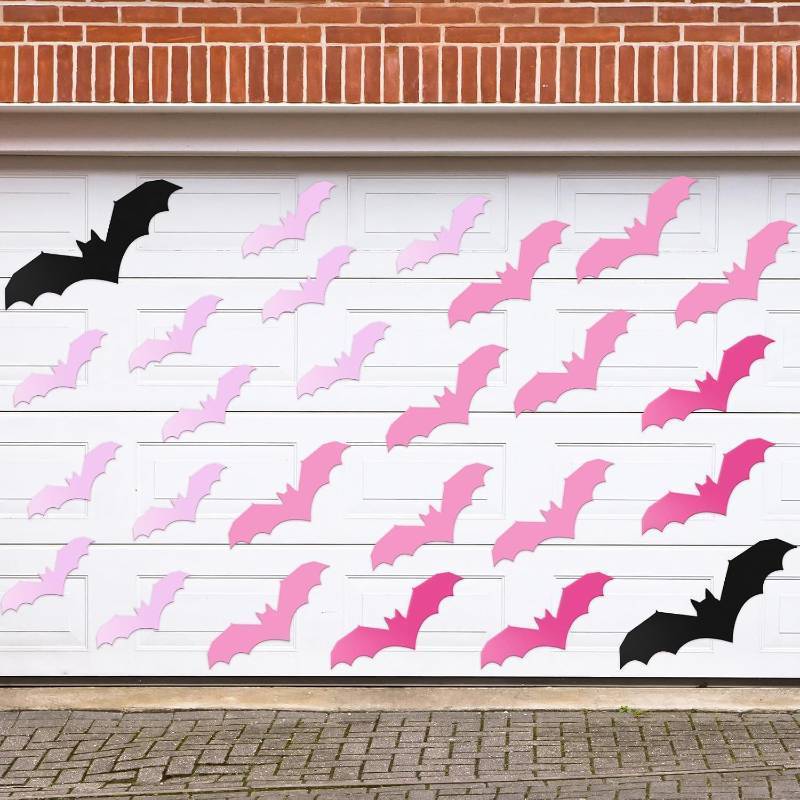 lot 69219 image: 5.12 x 15.75 inches Coume 24 Pcs Halloween Pink Magnetic Bats for Garage with Large Black Bats 4 Sizes 3D Realistic PVC Stickers Door Magnets Decoration for Indoor Outdoor Halloween Party Refrigerator
