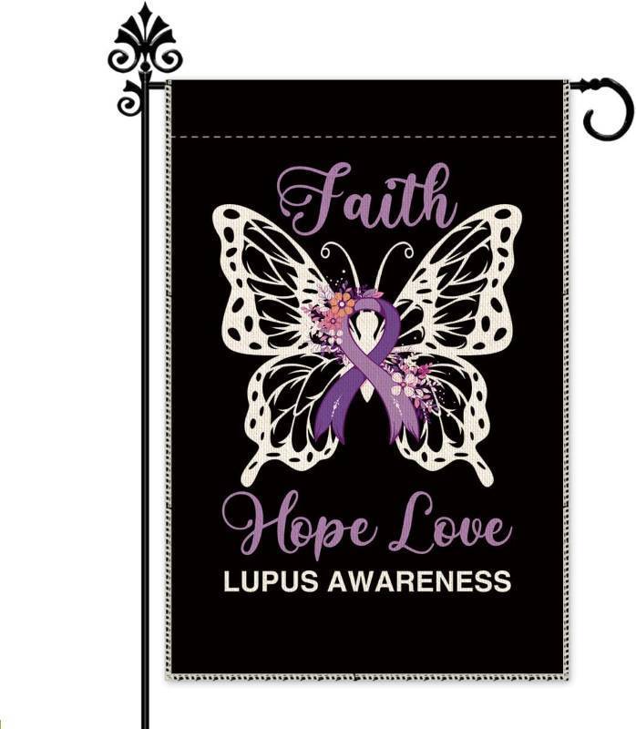 lot 69224 image: Hafhue Faith Hope Love Lupus Awareness Garden Flag, Lupus Purple Ribbon Butterfly Double Sided Yard Garden Lawn Decoration Garden Flag, Warrior Survivor Gifts for Woman Family Friends