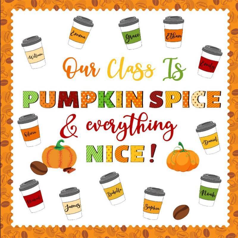 lot 69275 image: 10 inches x 8 inches Fall Coffee Cup Bulletin Board Set   We are Pumpkin Spice and Everything Nice Pumpkin & Coffee Cutouts for Autumn Classroom D cor, Thanksgiving, Halloween and Fall Bulletin Boar