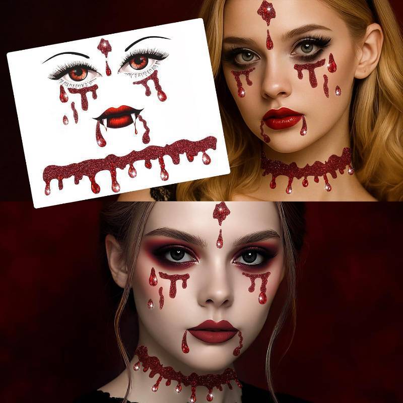 lot 69280 image: Face Gems Stickers Women for Halloween Vampire Costume Accessories Makeup - Glitter Red Face Jewels Tattoos Stickers for Girls Kids Woman (1 Piece)