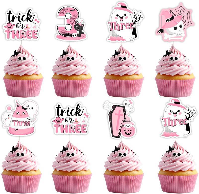 lot 69307 image: 24 Count (Pack of 1) Jollyboom Halloween 3rd Birthday Party Decorations Girl, 24pcs Trick or Three Cupcake Toppers Ghost Pumpkin Cat Double-Sided Decor for Pink Black Halloween 3 Year Old Birthday Par