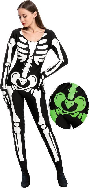 lot 69311 image: Small Spooktacular Creations Women Skeleton Costume with Glow Patterns, Skeleton Bodysuit Halloween Costumes for Women Adult SMALL