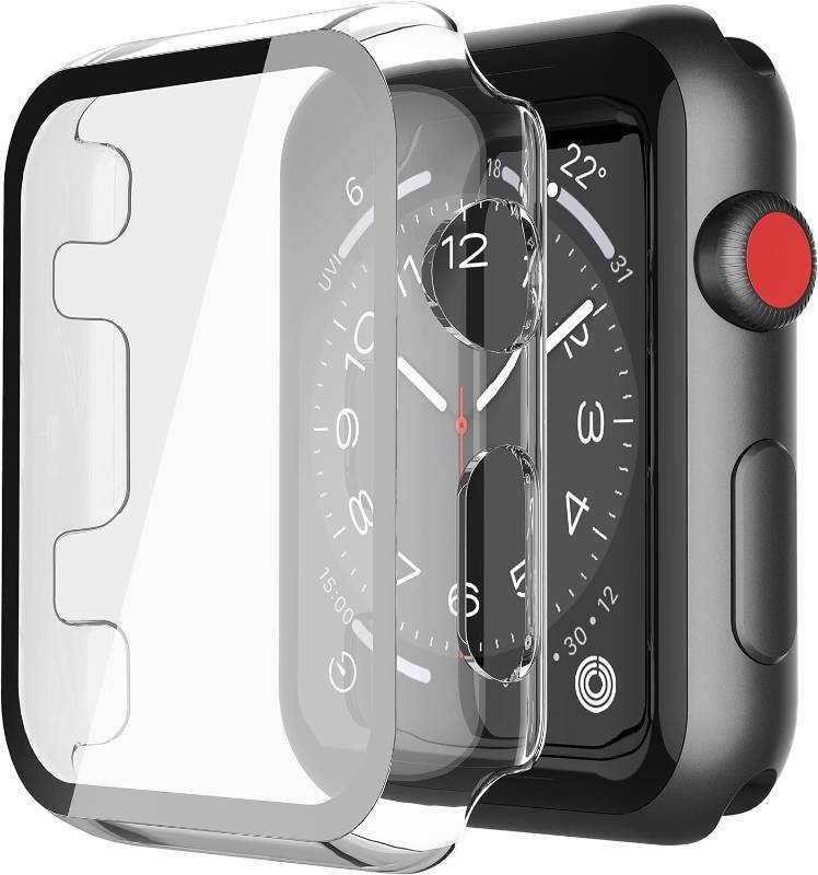 lot 69350 image: Misxi 2 Pack Hard PC Case with Tempered Glass Screen Protector Compatible with Apple Watch Series 3 Series 2 38mm, Ultra-Thin Scratch Resistant Overall Protective Cover for iWatch S3S2, Transparent