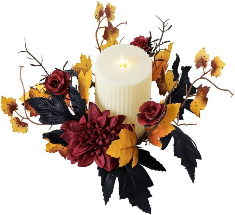 lot 69383 image: mdgfge Halloween Artificial Rose Candle Ring Wreath Red Floral with Maple Leaves Candle Holders Pillar Rings for Halloween Thanksgiving Fall Home Party Table D cor (1 Pc)