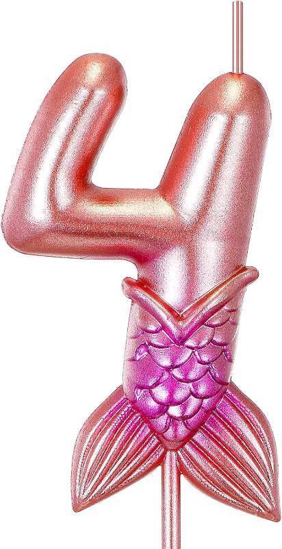 lot 69385 image: Conelist Mermaid Themed Birthday Candles 2.95 Inches Mermaid Numbers Candles Cake Toppers Decorations Girls Glitter Party Supplies Birthday Decorations for Cake, Rose Gold and Purple(Number 4)