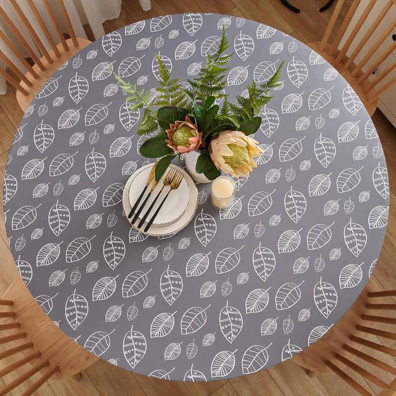 lot 69434 image: 44 (Round) Round Tablecloth, Waterproof Flannel Backed Vinyl Tablecloths for 40 - 44 Tables, Wipeable Reusable Stretch Elastic Fitted Plastic Table Cloth for Indoor & Outdoor, Grey, Leaf