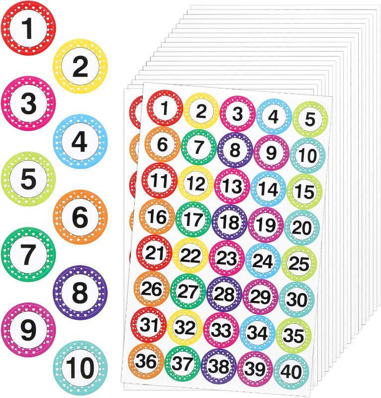 lot 69449 image: 1 inch 800 PCS 1 Inch Number Stickers Small 1-40, 20 Sheets Dots Numbered Stickers Consecutive Numbers Labels Colored Removable Polka Dot Numbers Decals for Office Indoor Boxes Storage Inventory(10 Co