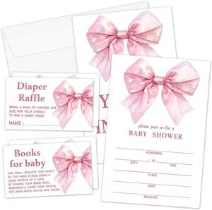 lot 66690 image: Baby Shower Invitation Set - 25 Greeting Cards With Envelopes, 25 Book Request Cards & 25 Diaper Raffle Tickets, Pink Bow Gender Neutral Baby Shower Party Supplies Favor for Girls Boys -03