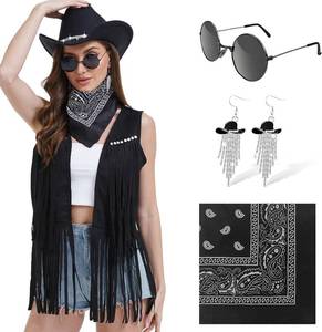 lot 66692 image: $33 Medium FunMular Cowgirl Outfit for Women Western Outfit Costume Accessories Cowboy Hat Fringe Vest Earring Bandana for Halloween MED