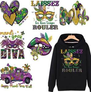 lot 66694 image: 9 inches x 9 inches Doneace Valentines Day Mardi Gras Teacher Iron on Transfers Patches Masquerade Mask Clown Lips Pattern Iron on Decals Green Purple Yellow Heat Transfer Designs for Clothes Pillow