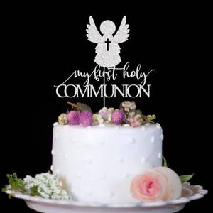lot 66704 image: My First Holy Communion Cake Topper, Silver Glitter Cake Pick for Kids Birthday Baby Shower Wedding Baptism Christening Party Decorations