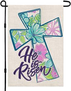 lot 66708 image: He is Risen Cross Easter Garden Flag 12 x 18 Inch Vertical Double Sided, Spring Holiday Farmhouse Rustic Yard Outdoor Decoration DF027