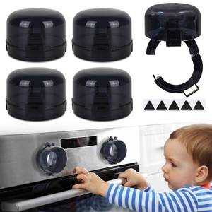 lot 69706 image: Stove Knob Covers for Child Safety   5-Pack Heat-Resistant Oven Lock Knob Covers with Heat Alert Stickers, Baby and Pets Proofing Guards for Gas & Electric Stoves (Dark)
