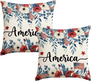 lot 69740 image: 18 x 18 (Pack of 2) AVOIN colorlife 4th of July Patriotic Poppy Floral America Throw Pillow Covers, 18 x 18 Inch Independence Day Memorial Day America Flag Leaves Decor Cushion Case for Sofa Couch S