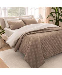 lot 2015 image: Bare Home Ultra-soft Diamond Stitched Coverlet Set FullQueen - TanBeige - FullQueen
