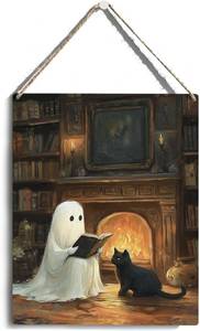 lot 2103 image: Halloween Decor, Cute Halloween Decorations Indoor, Spooky Halloweens Wall Art Wooden Hanging Sign Wood Plaque Decor, Ghost Black Cat Door Sign Farmhouse Home fireplace Living Room Decoration