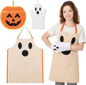 lot 2129 image: 3 Pcs Halloween Ghost Apron Set, Waterproof Ghost Apron, Pumpkin Pot Holders Ghosts Oven Mitts Halloween Kitchen Utensils for Home Cooking, Baking, BBQ, Gardening