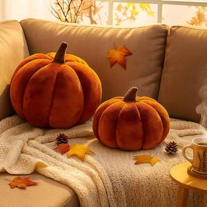 lot 2135 image: Yookeer 2 Pcs Fall Halloween Pumpkin Pillows, Velvet 3D Simulated Pumpkin Throw Pillow Soft Decorative Sofa Cushion for Thanksgiving Autumn Harvest Farmhouse Home Decor (Brown,711)