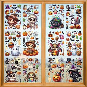 lot 2141 image: AFRITEE Halloween Window Clings Stickers - 12 Sheets Cute Ghosts Black Cat Pumpkins Window Sticker for Home Decoration, Waterproof Clings Decals for Indoor and Outdoor Decoration of Holiday Parties