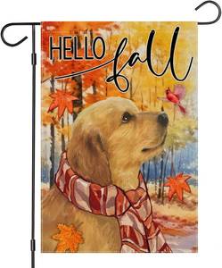 lot 2149 image: Thanksgiving Hello Fall Garden Flags 12x18 Inch Double Sided, Golden Retriever with Maple Leaves Small Seasonal Decor for Harvest Autumn Yard Outside