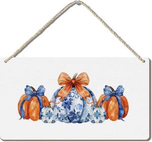 lot 2151 image: Chinoiserie Fall Pumpkin Signs, Fall Door Hanger, Coquette Bow Pumpkin Grandmillennial Wooden Plaque Wall Hanging Signs for Living Room Home Porch Front Door Decorations, 14x8 Inch, K024