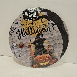 lot 2152 image: Happy Halloween Black Cat Front Door Sign,Pumpkin Ghost Wooden Door Hanger Outdoor Outside Porch Decoration With Cute Bows,Horror Farmhouse Wood Fall Wreath Indoor Wall Hanging Decor 12x 12