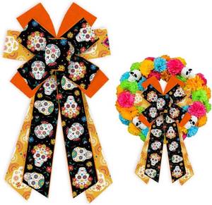 lot 2156 image: Threetols Large Halloween Bows for Wreath, Sugar Skull Flower Wreath Bows Mexican Day of The Dead Orange Black Bows for Front Door, Halloween Tree Bows for Mexican Ofrenda Party Supplies