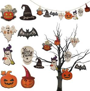 lot 2158 image: Atoden Halloween Wooden Hanging Ornaments for Tree, Halloween Banner, Holiday Party Decorations for Indoor Outdoor Home Decor Party Supplies (8 Styles with Rope)