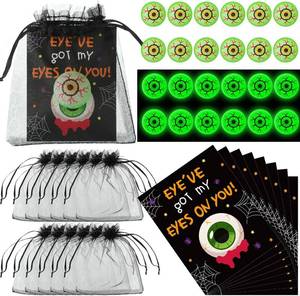lot 2171 image: Deekin 24 Sets Halloween Eyeball Party Favors Include Glow in the Dark Eyeball Bouncy Balls with Got My Eyes on You Greeting Cards and Organza Mesh Bags Halloween Decor Party Supplies Horrible Gifts