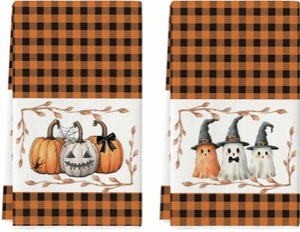 lot 2192 image: Artoid Mode Orange Black Stripes Pumpkin Ghost Halloween Kitchen Towels Dish Towels, 18x26 Inch Farmhouse Spider Decoration Hand Towels Set of 2