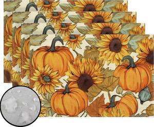 lot 2193 image: Watercolor Orange Pumpkin Sunflower Fall Placemats Set of 4 Fall Autumn Thanksgiving Harvest Festival Party Decorations and Supplies for Home Kitchen Dining Room Table-12 18