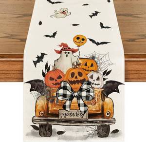 lot 2198 image: Artoid Mode Jack-O-Lantern Pumpkins Ghost Spooky Orange Truck Halloween Table Runner, Kitchen Dining Table Decoration for Home Party Decor 13x120 Inch