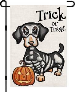 lot 2216 image: Halloween Trick or Treat Garden Flag Ghost Dog 12x18 Inch Small Double Sided Burlap Welcome Yard Dachshund Skeleton Outside Decorations DF342