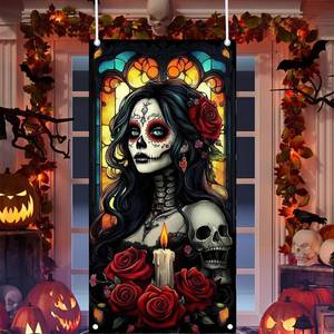 lot 2243 image: AIBIIN Day of the Dead Door Cover Dia de los Muertos Banner Sugar Skull and Red Rose Altar Decor for Mexican Fiesta Halloween Party Decorations Indoor Outdoor