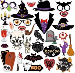 lot 2244 image: 25Pcs Halloween-Themed Photo Booth Props DIY Kit with Witch Hats, Vampire Fangs, Skull Masks, and Trick or Treat Perfect for Spooky Party Decorations, Fun Group Photos, Creative Activity