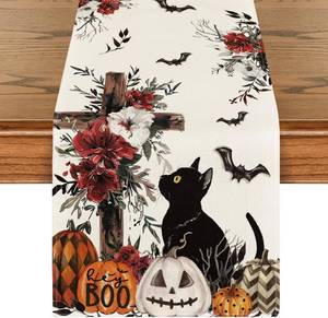 lot 2246 image: Artoid Mode Jack-O-Lantern Pumpkin Cross Black Cat Halloween Table Runner, Bat Kitchen Dining Table Decoration for Home Party Decor 13x108 Inch