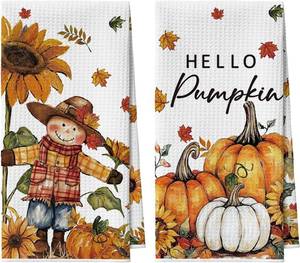 lot 2247 image: Artoid Mode Sunflower Scarecrow Pumpkin Fall Bar Kitchen Towels, 12x24 Inch Quick Dry Microfiber Cloth Dish Towels for Kitchen Drying Set of 2