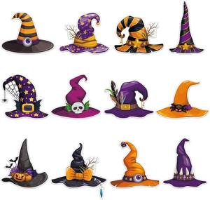 lot 2248 image: 48 Pcs Halloween Cutouts, Cute Witch Hat Cutouts Halloween Bulletin Board Decorations Witch Hat Paper Cut-Outs for Home School Trick or Treat Party Chalkboard Wall Decor