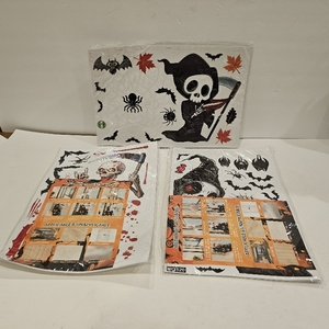 lot 2251 image: Lot of 3 Multiple Sheets Halloween Window Clings Creative Skeleton Bat Pumpkin Handprint Spider Window Decoration Stickers for Halloween Indoor Party Decorations Home Decorations