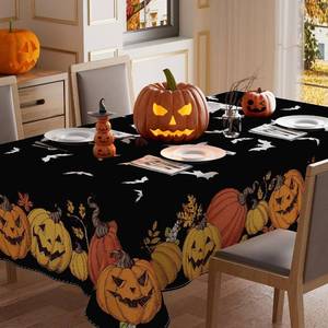 lot 2252 image: XCHI Black Spooky Pumpkin Halloween Tablecloth Rectangle Washable Table Covers for Indoor Outdoor Dining Home Party Decorations Table Cloth 52x70 Inch