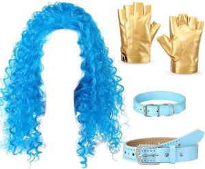 lot 2296 image: 4 Pcs Halloween Costume Accessory Blue Curly Wig and Leather Choker PU Leather Belt Punk Gloves for Women Adult Cosplay