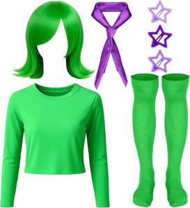 lot 2299 image: Skicuff 8 Pcs Halloween Costume Set for Women Green Costume Cosplay Shirt Wig Hairpin Scarf Sock False Short Green Flip Wigs for Adults Halloween Anime Medium