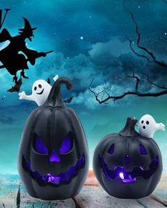 lot 2302 image: FESTGLOX 2PCS Light Up Jack-O-Lanterns Pumpkin Decor with White Ghost Black Spooky Face Halloween Pumpkin Halloween Decorations for Table Party Supplies Favors