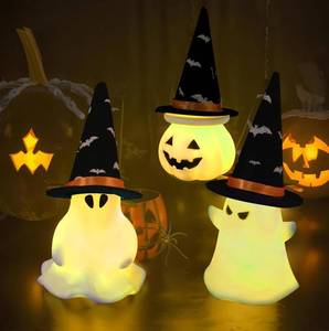lot 2305 image: 3 Pack Light Up Ghost Pumpkin Figurine Halloween Decorations, Spooky LED Lighted Ghost Statue with Witch Hats for Home Mantel Tabletop Party Holiday Decor