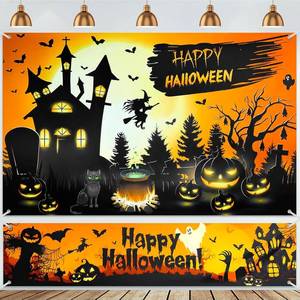 lot 2307 image: Hahafelt 2 Pcs Happy Halloween Backdrop 6 x 3.6ft, Halloween Banner Large Yard Sign 71 x 15.7 Inch Witches Pumpkin Bat Ghost Background Photo Booth Props for Indoor Outdoor Party Decoration