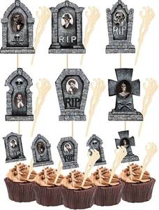 lot 2309 image: 48 Pcs Halloween Cupcake Toppers Tombstones with 3D Changing Face Moving Pictures Skeleton Hand Tongs Graveyard Topper Halloween Cake Food Decoration Party Supplies (Brick Style)
